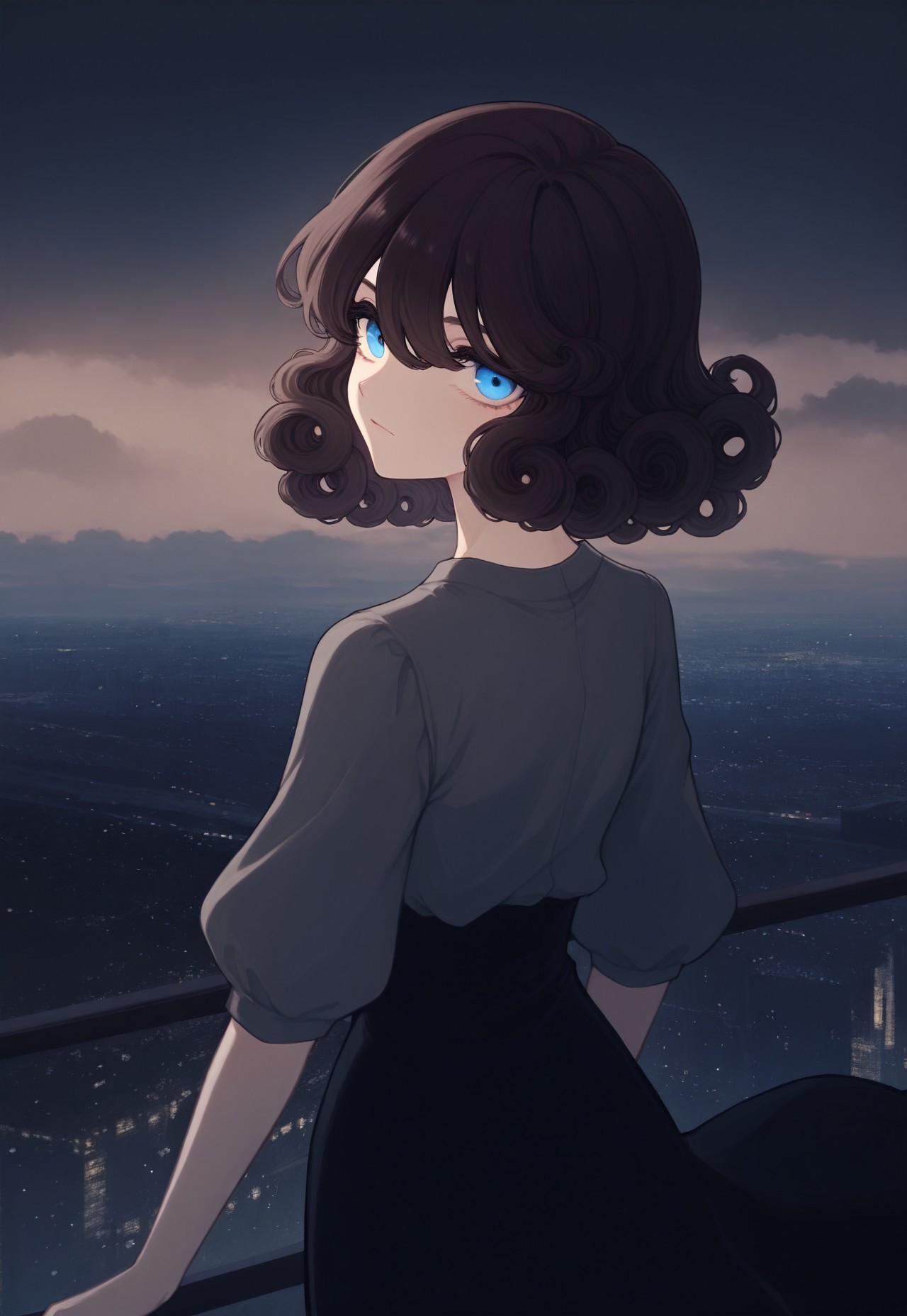 solo, close shot,  ethereal, ultra-detailed, cinematic lighting, halfturned, particles, mesmerizing, 

cityview, clouds, murky, 

hair over eyes, 

1girl, blue eyes, short brown hair, curly hair, grey blouse, dark long skirt,

masterpiece,best quality,amazing quality, detailed, 
