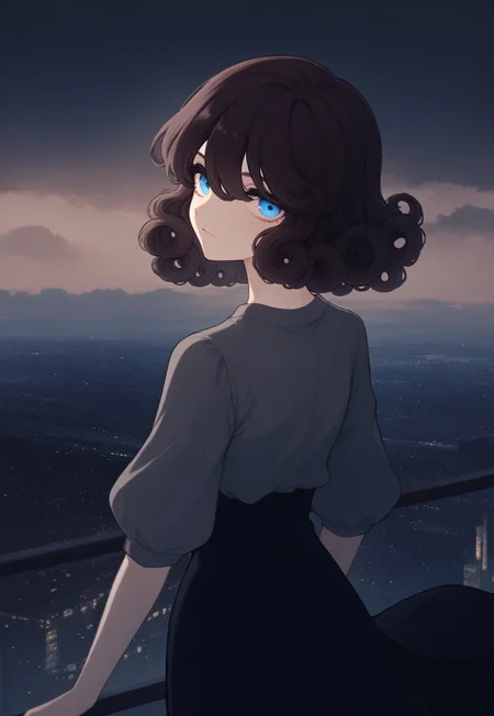 solo, close shot, ethereal, ultra-detailed, cinematic lighting, halfturned, particles, mesmerizing,
cityview, clouds, murky,
hair over eyes,
1girl, blue eyes, short brown hair, curly hair, grey blouse, dark long skirt,
masterpiece,best quality,amazing quality, detailed,