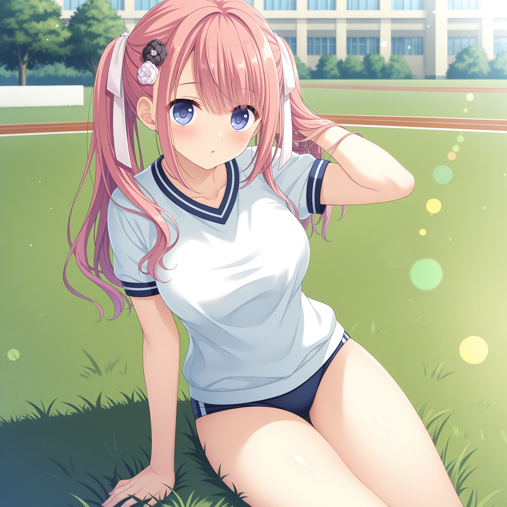 <lora:Shirakawa_Akari_1_nai-000035:1>,Shirakawa Akari,
twintails,hair ribbon,white ribbon,hair flower,black flower,white flower,gym uniform,gym shirt,white shirt,short sleeves,blue buruma,
BREAK
1girl,solo,looking at viewer,school,on grass,depth of field,lens_flare,day,curvy,