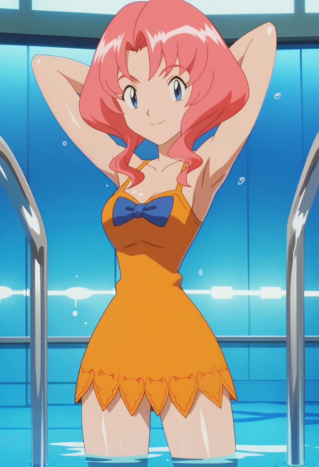 score_9, score_8_up, score_7_up, score_6_up, anime screencap, anime coloring, 1girl, solo, <lora:PMSensationalSisters_epoch_10:0.8>, PMLily, pink hair, short hair, blue eyes,
orange dress, bare shoulders, blue bowtie,
kneeling, sweat, shiny skin, smile, looking at viewer, arms behind head, standing, cowboy shot, legs apart, 
BREAK indoors, pool, wading,