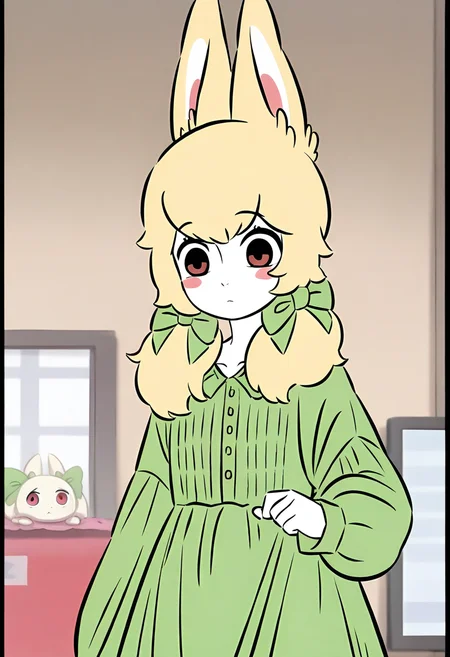 <lora:xiaoyu:1>,xiaoyu,1girl,furry female,black eyes,red eyes,blonde hair,twintails,hair bow,animal ears,white skin,
green dress,dress,long sleeves,green bow,, masterpiece,best quality,amazing quality,absurdres, anime screenshot,