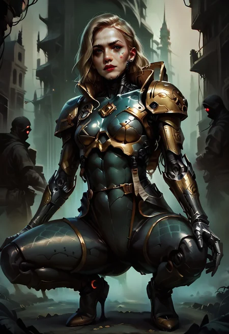 score_9, score_8_up, score_7_up, score_6_up, source_anime, w4rh4mm3r style oil painting, grimdark, petite skinny blonde woman, wearing tight (stealth) body suit with hexagonal pattern, cybernetic arms, crouched on the top of a building overlooking a ruined city, concept art, realistic, dark theme, low light