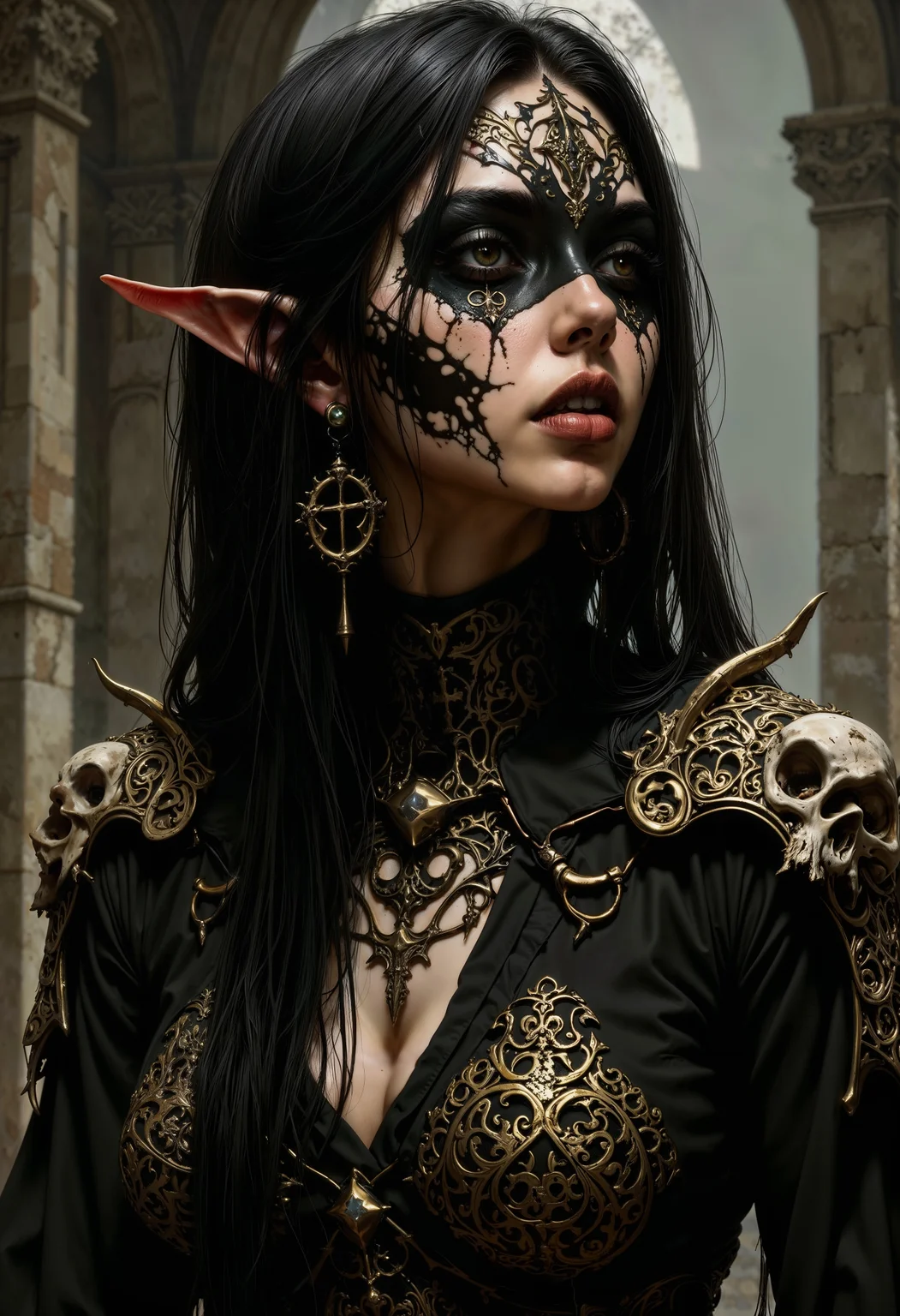 bo-an1me, dark fantasy illustration, high detail fantasy anime, hyperrealism, elven girl, a stunning photo of a gorgeous necromancer female Aerenal Elf, gold and black robes, face warpaint, skull face paint, gorgeous, 8k HD, detailed skin texture, ultra realistic, textured skin,. (maximum ultra high definition image quality and rendering:3), maximum image detail, maximum realistic render, (((ultra realist style))), realist side lighting, , 8K high definition, realist soft lighting, (amazing special effect:3.5)