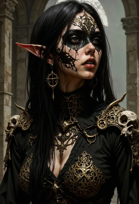 bo-an1me, dark fantasy illustration, high detail fantasy anime, hyperrealism, elven girl, a stunning photo of a gorgeous necromancer female Aerenal Elf, gold and black robes, face warpaint, skull face paint, gorgeous, 8k HD, detailed skin texture, ultra realistic, textured skin,. (maximum ultra high definition image quality and rendering:3), maximum image detail, maximum realistic render, (((ultra realist style))), realist side lighting, , 8K high definition, realist soft lighting, (amazing special effect:3.5)