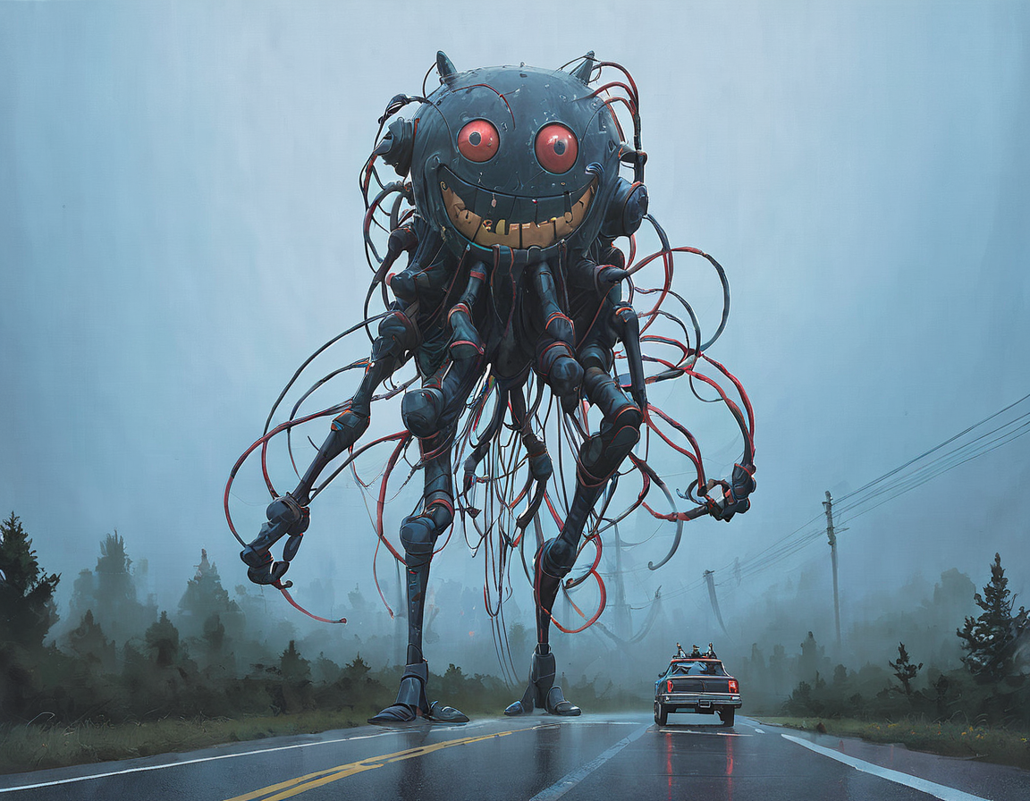 <lora:ssta:0.7>ssta, road, car with canoe, tall mech with toy face, wires, smaller mech drone people with glowing red eyes