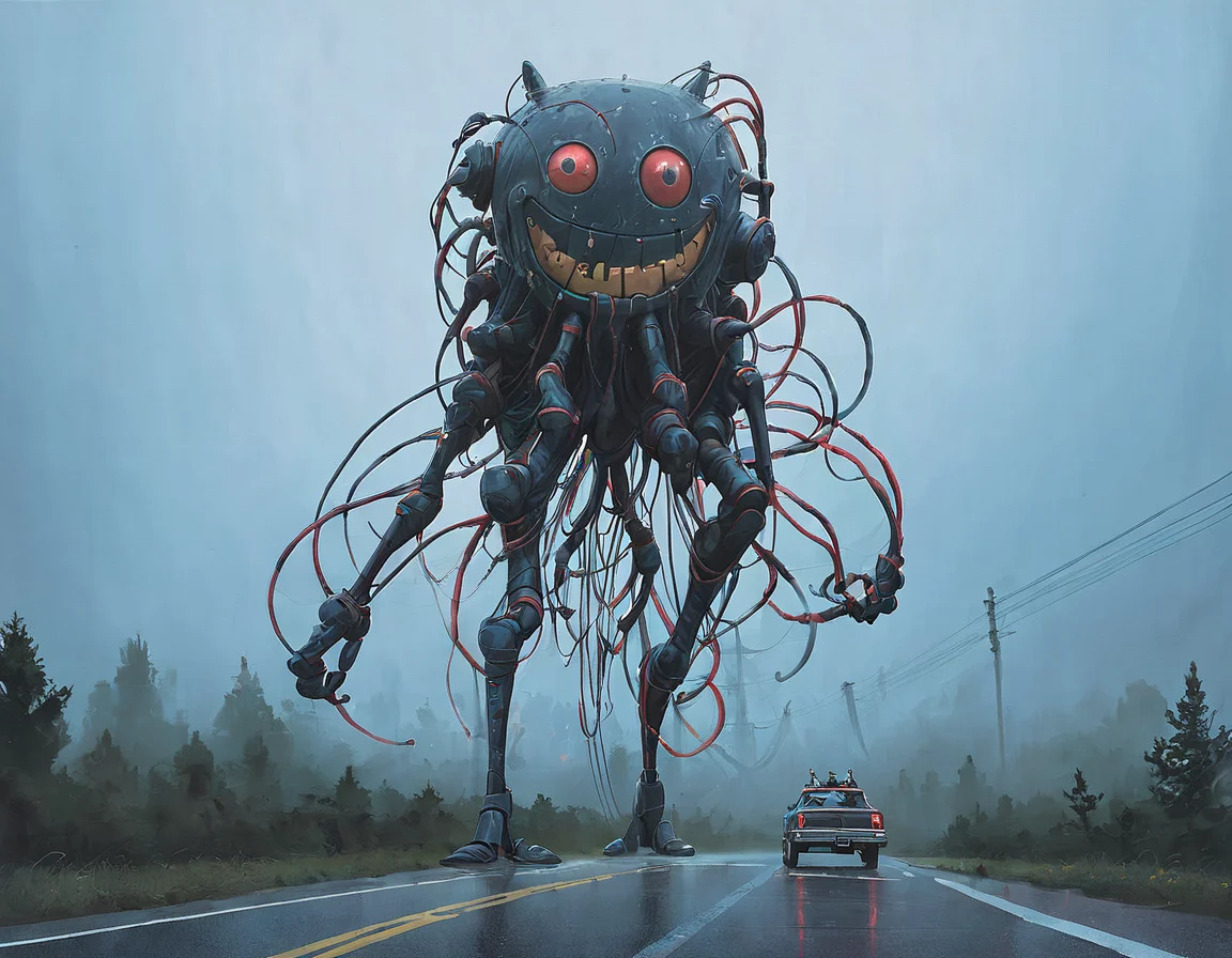 <lora:ssta:0.7>ssta, road, car with canoe, tall mech with toy face, wires, smaller mech drone people with glowing red eyes
