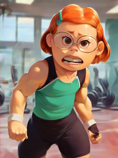 <lora:Mai_lee:0.9> m_l, 1girl, small body, brown eyes, short hair, orange hair, glasses, mint hairpin, black fitness outfit, muscular body, score_9, score_8_up, score_7_up,