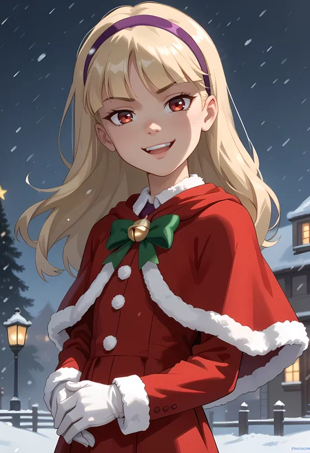score_7, score_7_up, score_9, score_9_up, BREAK, DC__Young_Justice_Child, 1girl, blond hair, red eyes, purple hairband, , smug smile, arched back, cowboy shot, solo, <lora:Young_Justice_Child_pony:1>child ,hand on belly,posing,evil smile,, (portrai shot, upper body), happy, looking at viewer, upper teeth, looking at viewer, christmas, fur trim, red capelet, red dress, fur-trimmed dress, long sleeves, white gloves, snowing, outdoors