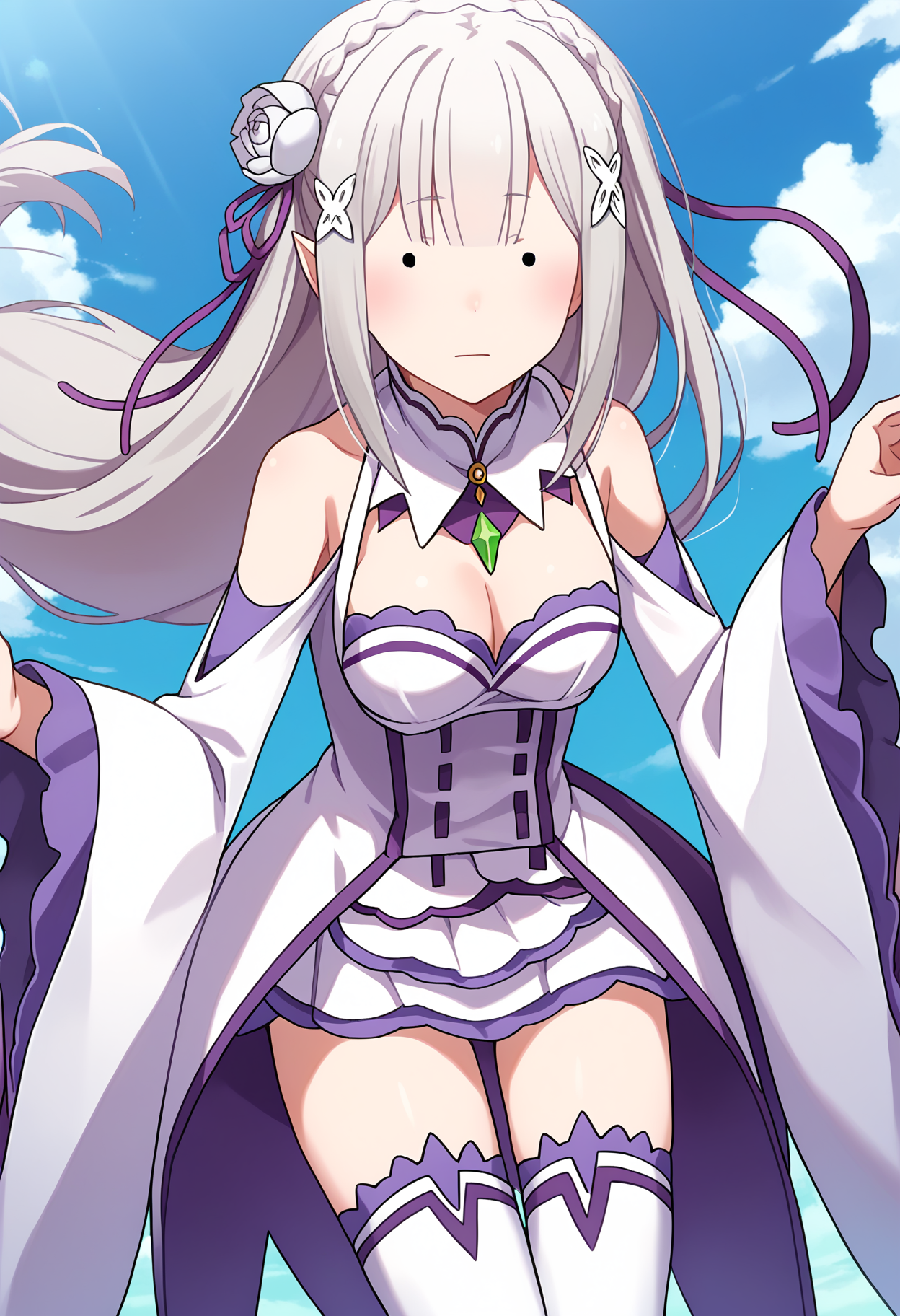 score_9, score_8_up, score_7_up, source_anime, 
BREAK
<lora:shidittoeyeV1:1>, shidittoeye, black eyes, solid circle eyes, . .,  
1girl, solo, 
<lora:shiEmiliaV2:1> shimilia, long hair, grey hair, purple eyes, pointy ears, crown braid, hair flower, hair ribbon, purple ribbon, x hair ornament, white dress, cleavage, bare shoulders, wide sleeves, white thighhighs, thigh boots,