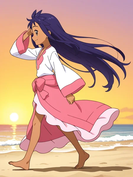 1girl,  walking, beach, sand, barefoot, wind, hand in own hair, smile, half-closed eyes,  from side,looking at another, 
<lora:iris_champion_2:0.8> iri5cham1on,dark-skinned female, dark skin, brown eyes, 
purple hair, very long hair, (alternate hairstyle,:1.3)  (straight hair,:1.2) 
white shirt, pink v-neck,  pink sleeve cuff,
middle pink ribbon,pink skirt, light pink skirt edge,, masterpiece, high quality, absurdres, best quality, very aesthetic, newest,