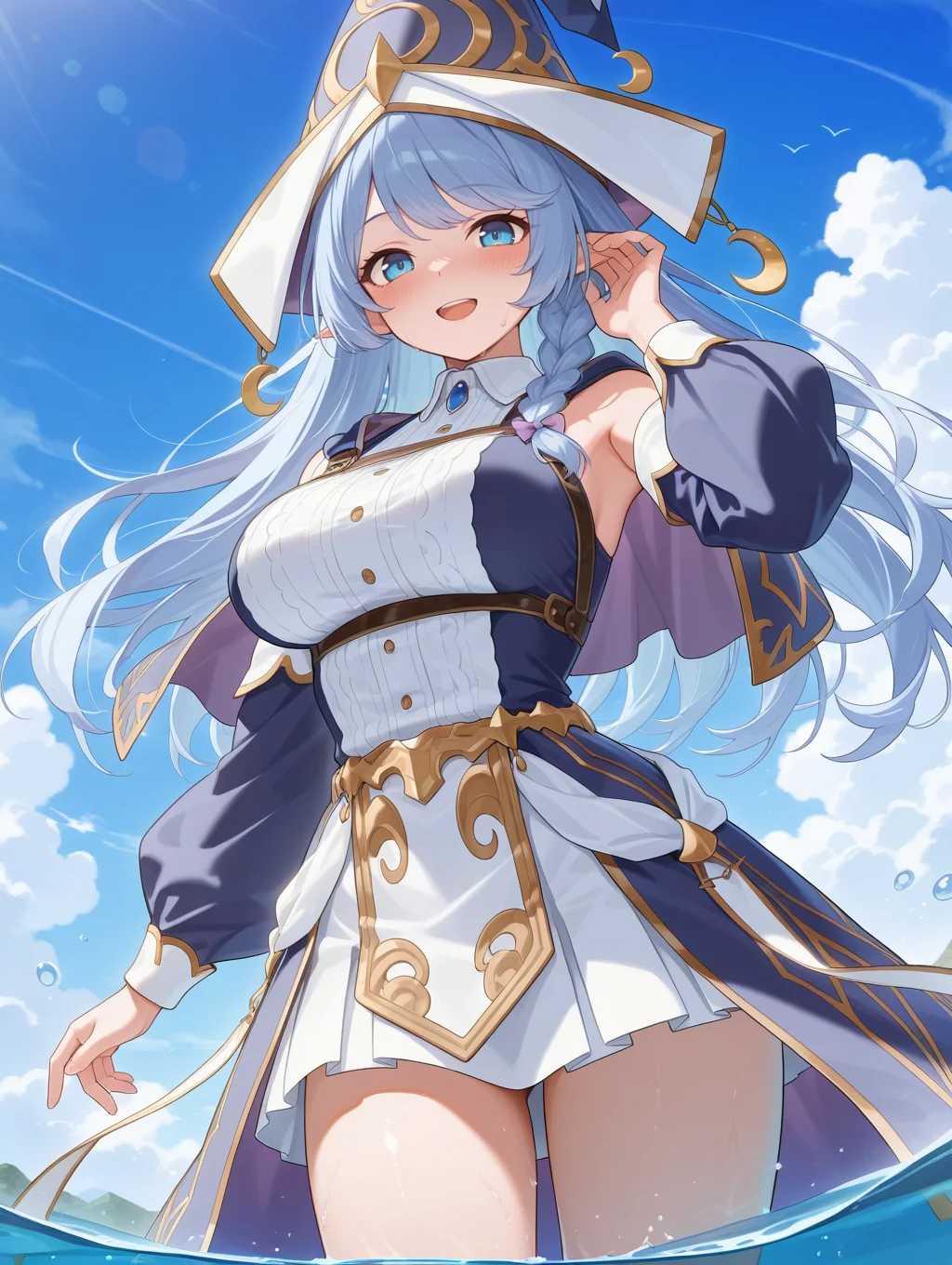 1girl, solo, smile, cloud, water, from below, looking at viewer, wading, open mouth, large breasts, blue sky, day, outdoors, crescent, blush, standing, hand up, witch dress, blue detached sleeves, blue witch hat, water enchantress of the temple, hand on own hair
masterpiece,best quality,amazing quality,very aesthetic,absurdres,newest,<lora:Water Enchantress of the temple illuXL v1.1:0.7>,