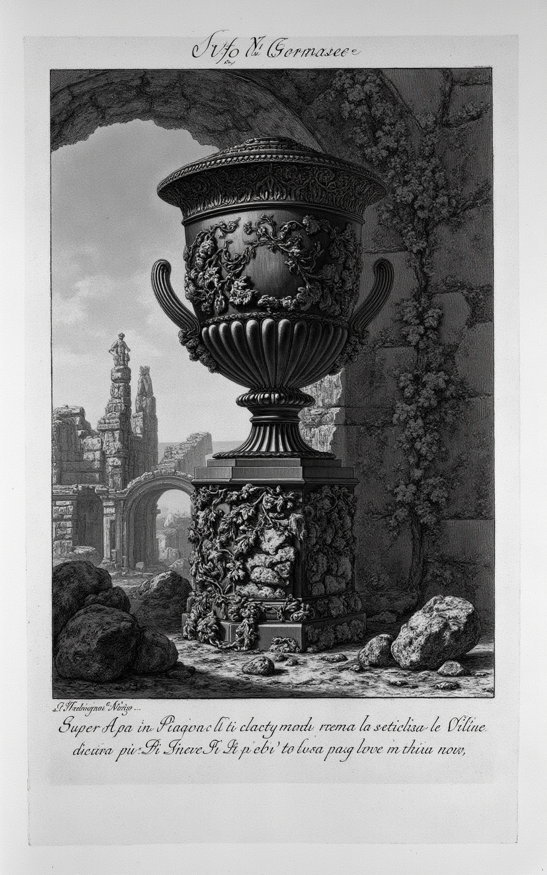 YFG-Pira. (((Large poster style title with the words "YFG Piranese":1.5))), Generate an etching-style image depicting a worn stone pedestal supporting a ancient Greek urn with intricately carved handles and lid, partially shrouded in a tangle of overgrown vines and moss-covered brickwork, set against the faded background of a centuries-old cityscape's crumbling archway and Gothic spires, rendered in bold lines, dark contrasts, and textured details characteristic of Giovanni Battista Piranesi's 18th-century etchings.