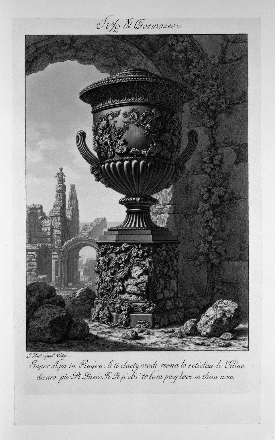 YFG-Pira. (((Large poster style title with the words "YFG Piranese":1.5))), Generate an etching-style image depicting a worn stone pedestal supporting a ancient Greek urn with intricately carved handles and lid, partially shrouded in a tangle of overgrown vines and moss-covered brickwork, set against the faded background of a centuries-old cityscape's crumbling archway and Gothic spires, rendered in bold lines, dark contrasts, and textured details characteristic of Giovanni Battista Piranesi's 18th-century etchings.