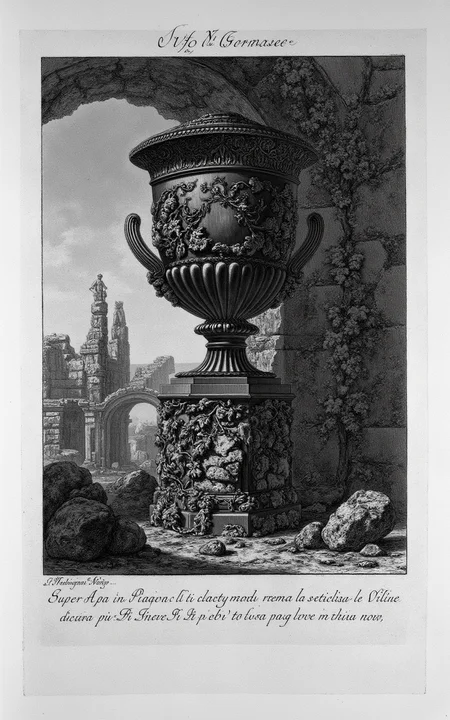 YFG-Pira. (((Large poster style title with the words "YFG Piranese":1.5))), Generate an etching-style image depicting a worn stone pedestal supporting a ancient Greek urn with intricately carved handles and lid, partially shrouded in a tangle of overgrown vines and moss-covered brickwork, set against the faded background of a centuries-old cityscape's crumbling archway and Gothic spires, rendered in bold lines, dark contrasts, and textured details characteristic of Giovanni Battista Piranesi's 18th-century etchings.