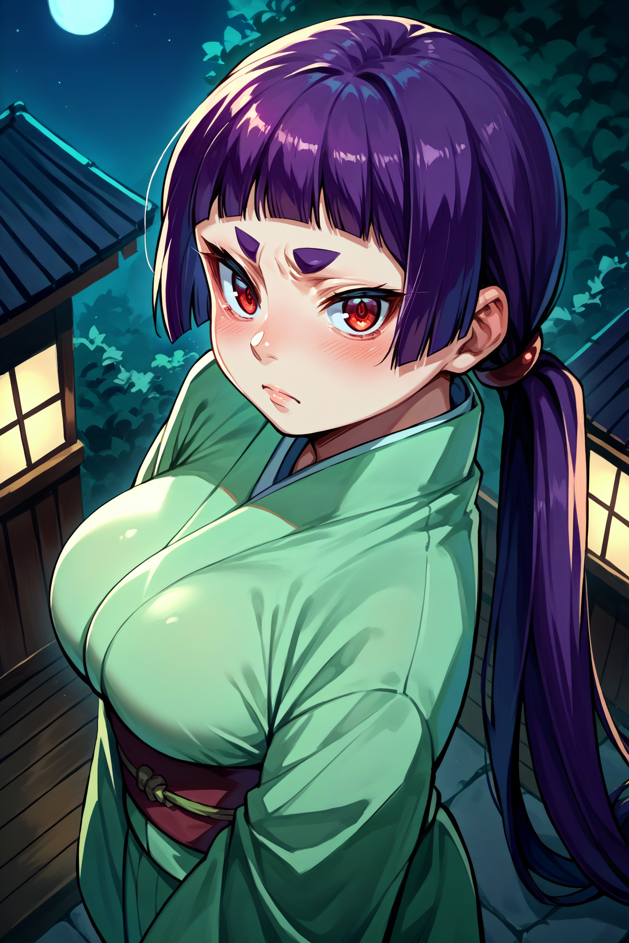 score_9, score_8_up, score_7_up, score_6_up, source_anime, 1girl, solo, <lora:kamikiizumo-pdxl-nvwls-v1-000006:1> izumokamiki, eyebrows, dark purple hair, low twintails, blunt bangs, red eyes, green kimono, blush, from above, night, looking at you, big breasts