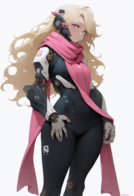 best quality, amazing quality, very aesthetic, absurdres,
1girl, blonde hair, blue eyes, long hair,
bodysuit, mechanical arms, pink scarf,
science fiction,
full body, standing,
looking at viewer, solo, standing, simple background, white background, <lora:NijijourneyNoob_byKonan:1>