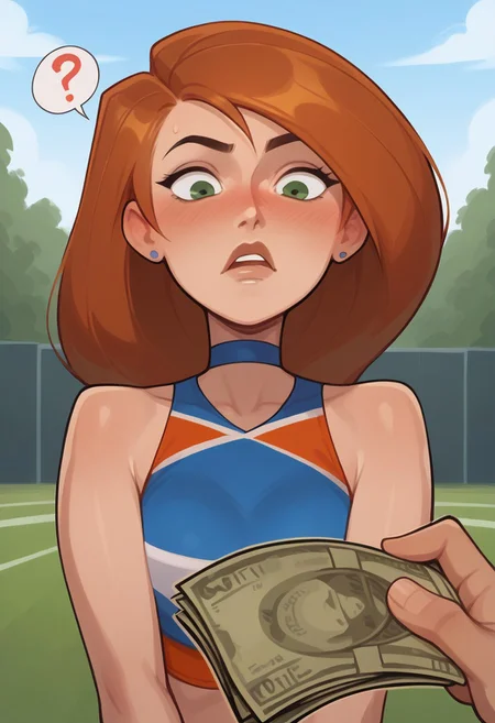 score_9, score_8_up, score_7_up, score_6_up, score_5_up, score_4_up, kim possible, cheerleader outfit, closeup, face focus, sexy, looking down, blush, confused, pose, college field, choker, upper body $, question mark, pov, handing money, viewer holding money