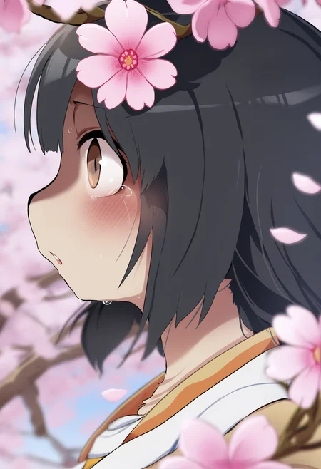 masterpiece, hyper detailed, best quality,(furry:1.3),1girl, solo, blurry, blurry foreground, pink flower, cherry blossoms, flower, depth of field, close-up, parted lips, profile, black hair, portrait, tears, brown eyes, branch, petals, looking at viewer, bangs ,<lora:DAGASIXLlokr8f-000188:0.95>
