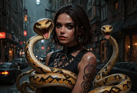 score_9, score_8_up, score_7_up, best quality, fine detail, 1girl, solo, (she has snakes for arms), (snake_hybrid), in a futuristic sci-fi city, visually interesting, vivid colors, dark shadows, highest quality,