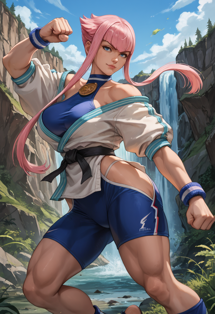 score_9, score_8_up, score_7_up source_anime BREAK 1girl, solo, looking at viewer, cowboy shot,
 <lora:ManondefDwnsty-000009:1>, manonsf, pink hair, blue eyes, short hair with long locks, toned, androgynous, fighting stance, leg up, clenched hands, stirrup legwear, toeless legwear, feet, 
large breasts, skindentation, smirk, lips, wind, 
outdoors, training, stone, cliff, waterfall, landscape, blue sky,
