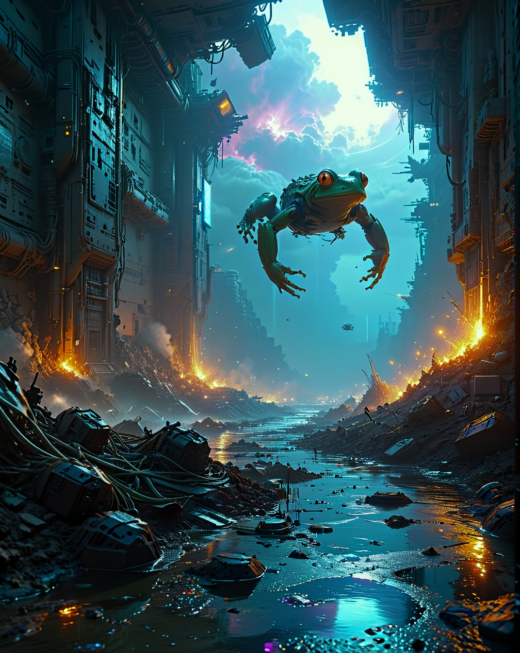 Craig Mullins: (cinematic sci-fi), (textured surfaces), (bold contrast), (industrial megastructures),Data monsoon evening flooding information valleys, Monsoon frog migrations across urban storm drains Celestial navigation complex with star-aligned monoliths under Particle wind eroding hologram monuments conditions, illuminated by Glitch-light emitting from corrupted monuments,  beneath Altostratus opacus fractus with space battle debris ,
<lora:extremely_detailed:0.1> extremely detailed,
<lora:Flux-XL_Scenery:0.75> flux-scenery, 
<lora:add-detail-xl:0.7>,
 <lora:DetailMaximizer:0.15>, 
<lora:MidjourneyV6.1:0.2> midjourneyv6.1,
 <lora:Dream Scenery XL:0.45> Dream Scenery,
 detailxl