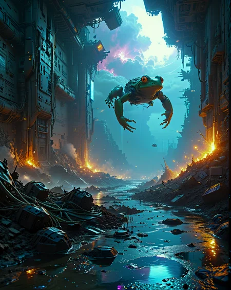 Craig Mullins: (cinematic sci-fi), (textured surfaces), (bold contrast), (industrial megastructures),Data monsoon evening flooding information valleys, Monsoon frog migrations across urban storm drains Celestial navigation complex with star-aligned monoliths under Particle wind eroding hologram monuments conditions, illuminated by Glitch-light emitting from corrupted monuments, beneath Altostratus opacus fractus with space battle debris ,
<lora:extremely_detailed:0.1> extremely detailed,
<lora:Flux-XL_Scenery:0.75> flux-scenery,
<lora:add-detail-xl:0.7>,
<lora:DetailMaximizer:0.15>,
<lora:MidjourneyV6.1:0.2> midjourneyv6.1,
<lora:Dream Scenery XL:0.45> Dream Scenery,
detailxl