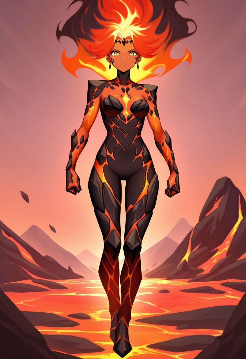 masterpiece, best quality, newest, absurdres, highres,  anime, anime style, 1girl, FireelementalIL.V1-female, fire hair, orange skin, orange colored skin, yellow eyes, magma skin, magma, lava,