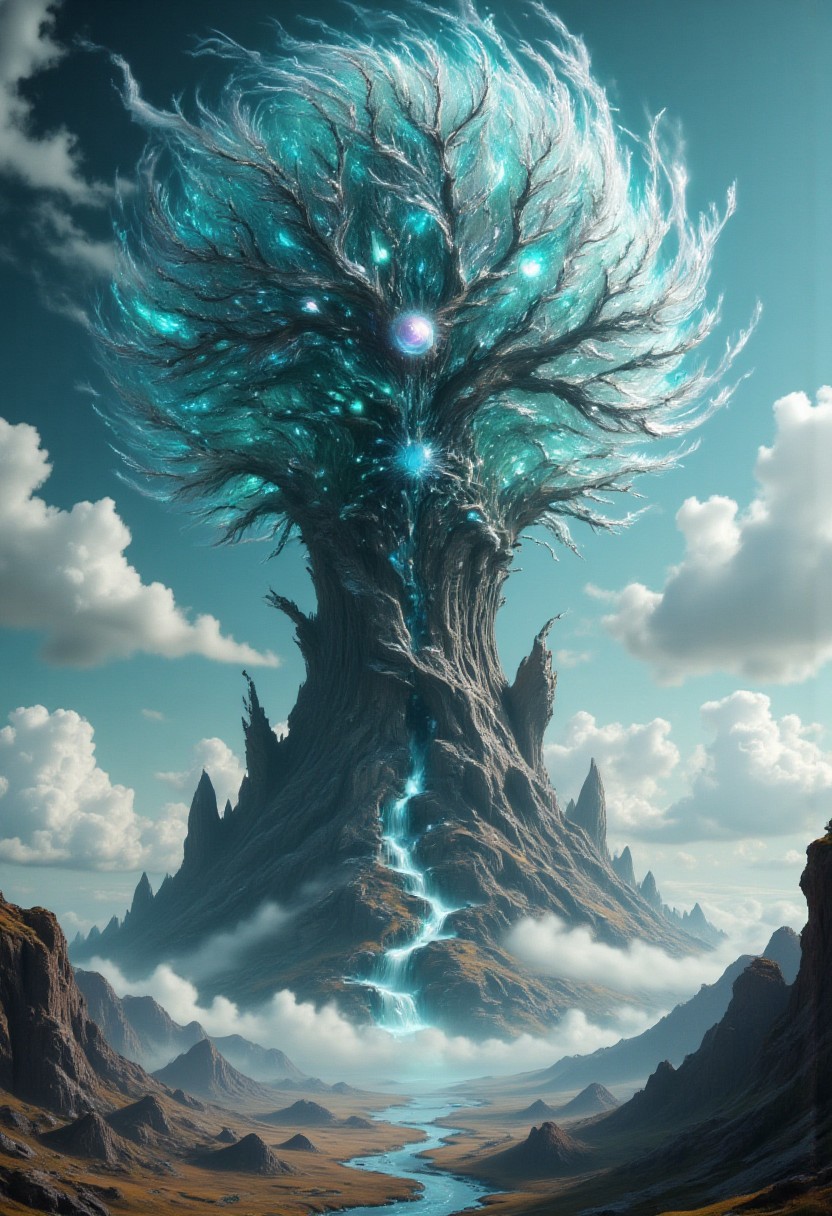 giant tower in form of monk head, with tones of magical gems in it,
swirly, sci-fi intricately detailed, complex, elegant, expansive, fantastical, film photography style,  
cyan colors, white colors, little of gray colors, little of brown colors