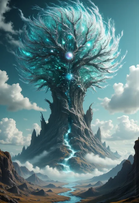 giant tower in form of monk head, with tones of magical gems in it,
swirly, sci-fi intricately detailed, complex, elegant, expansive, fantastical, film photography style,  
cyan colors, white colors, little of gray colors, little of brown colors