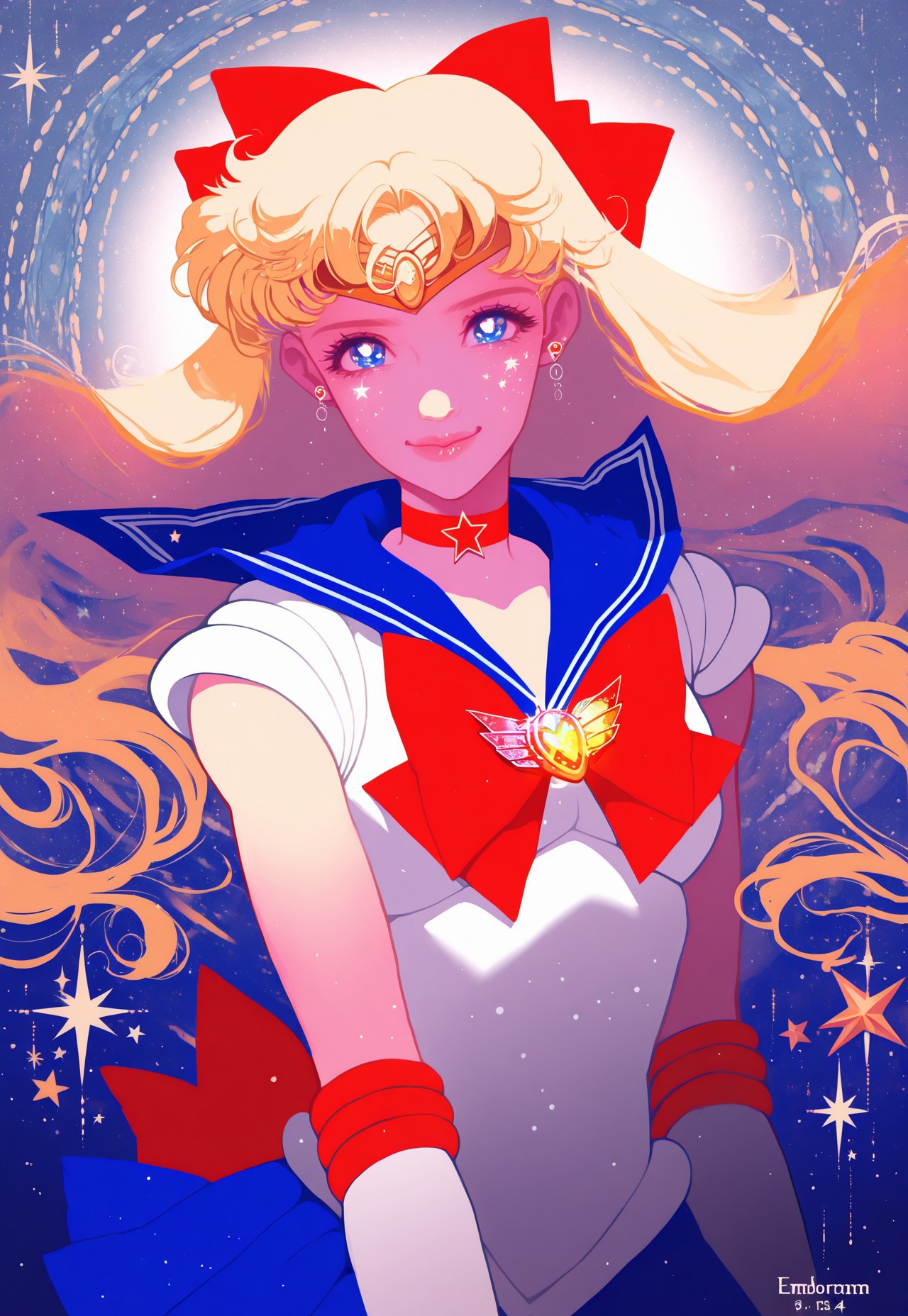 masterpiece, very aesthetic, absurdres, Chr0m1um Style, water, jewelry, lips, brooch, dated, earrings, upper body, long hair, blue eyes, gloves, hair bow, floating hair, aino minako, heart, sailor collar, blue skirt, looking at viewer, star (symbol), magical girl, closed mouth, circlet, choker, blonde hair, 1girl, sailor venus, solo, skirt, white gloves, smile, heart brooch, sailor senshi uniform, star choker, red bow, blue sailor collar, bow, holographic, embossed, chromium, glitter