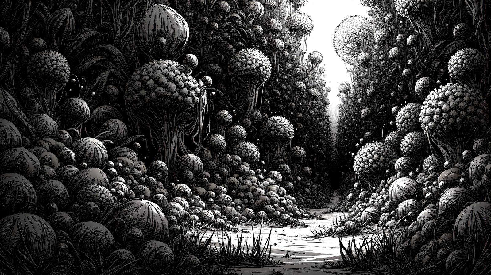 A mysterious, otherworldly landscape. covered in deep thickets of strange geometrical flora and fauna. The dense growth creates an almost claustrophobic atmosphere, with the thick vegetation pressing in from all sides. The flora sways in the still air as if alive, their rustling adding to the mysterious energy that permeates the landscape. Hidden within the undergrowth, elusive creatures move silently, barely visible through the foliage, their presence felt more than seen. Every inch of the environment is filled with the unknown, making the deep thickets both a refuge and a haunting, enigmatic presence.
 <lora:alien_landscape_flux:0.75>  <lora:InkSketch_Flux:0.65> inksketch