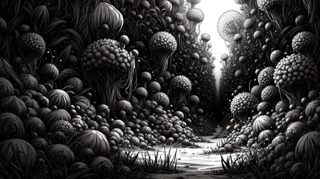 A mysterious, otherworldly landscape. covered in deep thickets of strange geometrical flora and fauna. The dense growth creates an almost claustrophobic atmosphere, with the thick vegetation pressing in from all sides. The flora sways in the still air as if alive, their rustling adding to the mysterious energy that permeates the landscape. Hidden within the undergrowth, elusive creatures move silently, barely visible through the foliage, their presence felt more than seen. Every inch of the environment is filled with the unknown, making the deep thickets both a refuge and a haunting, enigmatic presence.
 <lora:alien_landscape_flux:0.75>  <lora:InkSketch_Flux:0.65> inksketch