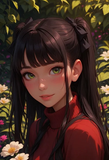 score_9_up, score_8_up, score_7_up, score_6_up, 1girl, 25 years old, perfect face, cute, petite,
green eyes,
detailed face, portrait, face focus, depth of field, looking at viewer, blush, shy smile, close up, 
black hair, long hair, hair intakes, two side up, hair bow, black bow, 
red sweater, turtleneck sweater, 
garden, flowers,