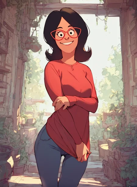 <lora:LindaPony1.0:0.8> linda, 1girl, black hair, solo, glasses, red-framed eyewear, smile, red shirt, looking at viewer, long sleeves, pants, score_9, score_8_up, score_7_up, score_6_up,looking at viewer, zPDXLxxx
