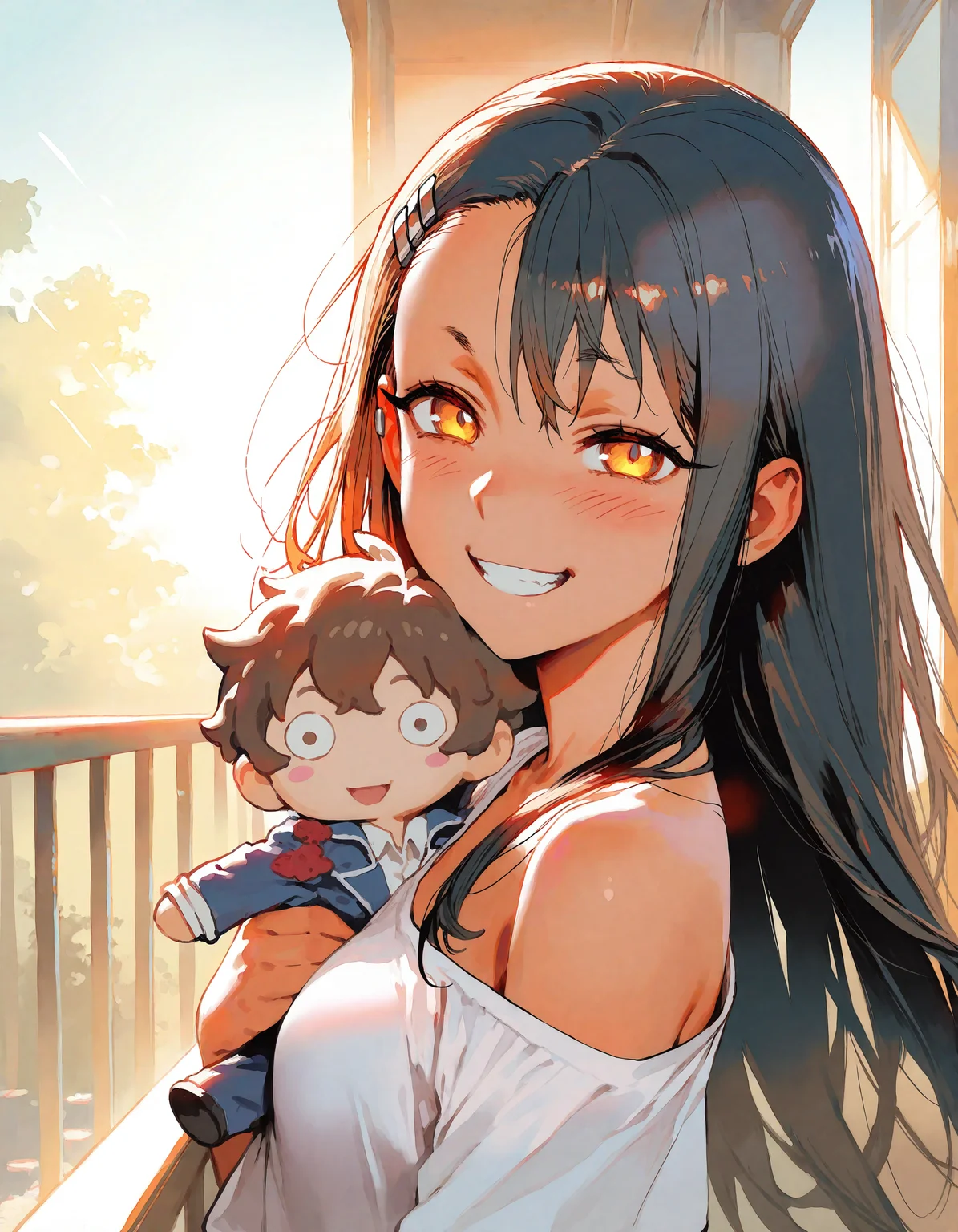 masterpiece,best quality,newest,very aesthetic,absurdres,very awa,highres,(yoneyama mai:0.4),(rella:0.4),(cutesexyrobutts:0.4),(ilya kuvshinov:0.4),newest,year 2024,year 2023,<lora:ponyv4_noob1_2_adamW:0.6>,1girl,mature female,nagatoro hayase,black hair,yellow eyes,tan,upper body,(holding plush hachiouji naoto),blush,looking at viewer,light rays,cinematic lighting,good end,happy,love,wind,light,from side,sunlight,oversized shirt,single bare shoulder,(balcony),outdoors,