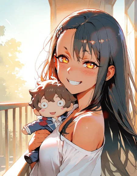 masterpiece,best quality,newest,very aesthetic,absurdres,very awa,highres,(yoneyama mai:0.4),(rella:0.4),(cutesexyrobutts:0.4),(ilya kuvshinov:0.4),newest,year 2024,year 2023,<lora:ponyv4_noob1_2_adamW:0.6>,1girl,mature female,nagatoro hayase,black hair,yellow eyes,tan,upper body,(holding plush hachiouji naoto),blush,looking at viewer,light rays,cinematic lighting,good end,happy,love,wind,light,from side,sunlight,oversized shirt,single bare shoulder,(balcony),outdoors,