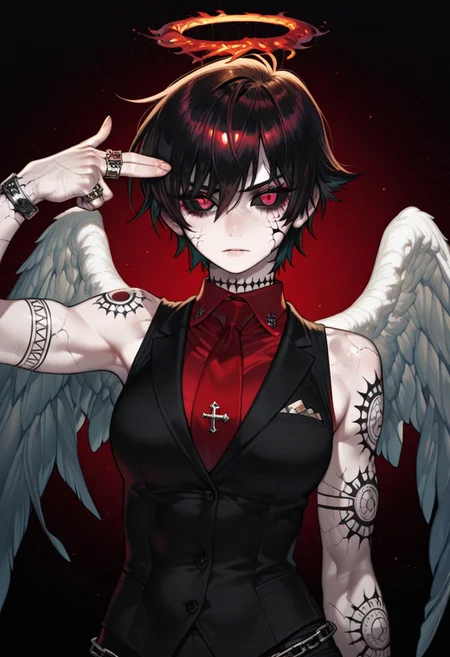 1 girl , solo , light skin , cracked skin , black sclera ,red eye , flaming halo, short hair , tomboy , toned , single angel wings , waistcoat , arm tattoo , necktie , sleeveless , upper body , looking at viewer , finger gun to head , rings , ring chain ,
masterpiece, best quality ,amazing quality , p1ge0n666_illu ,