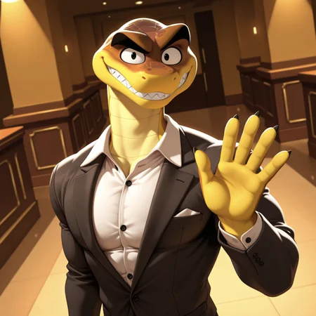 uncensored, masterpiece, best quality, highly detailed, realistic, 1boy, solo, MRSK, furry, anthro, scalie, snake, black eyebrows, black eyes, brown body, brown scales, yellow body, yellow scales, two tone body, two tone scales, black suit, white dress shirt, upper body, standing, smile, closed mouth, looking at viewer, indoors, hotel lobby, spotlight, detailed background, sharp teeth, high-angle view, dutch angle, waving, 5 fingers, muscular male, tall male, mature male