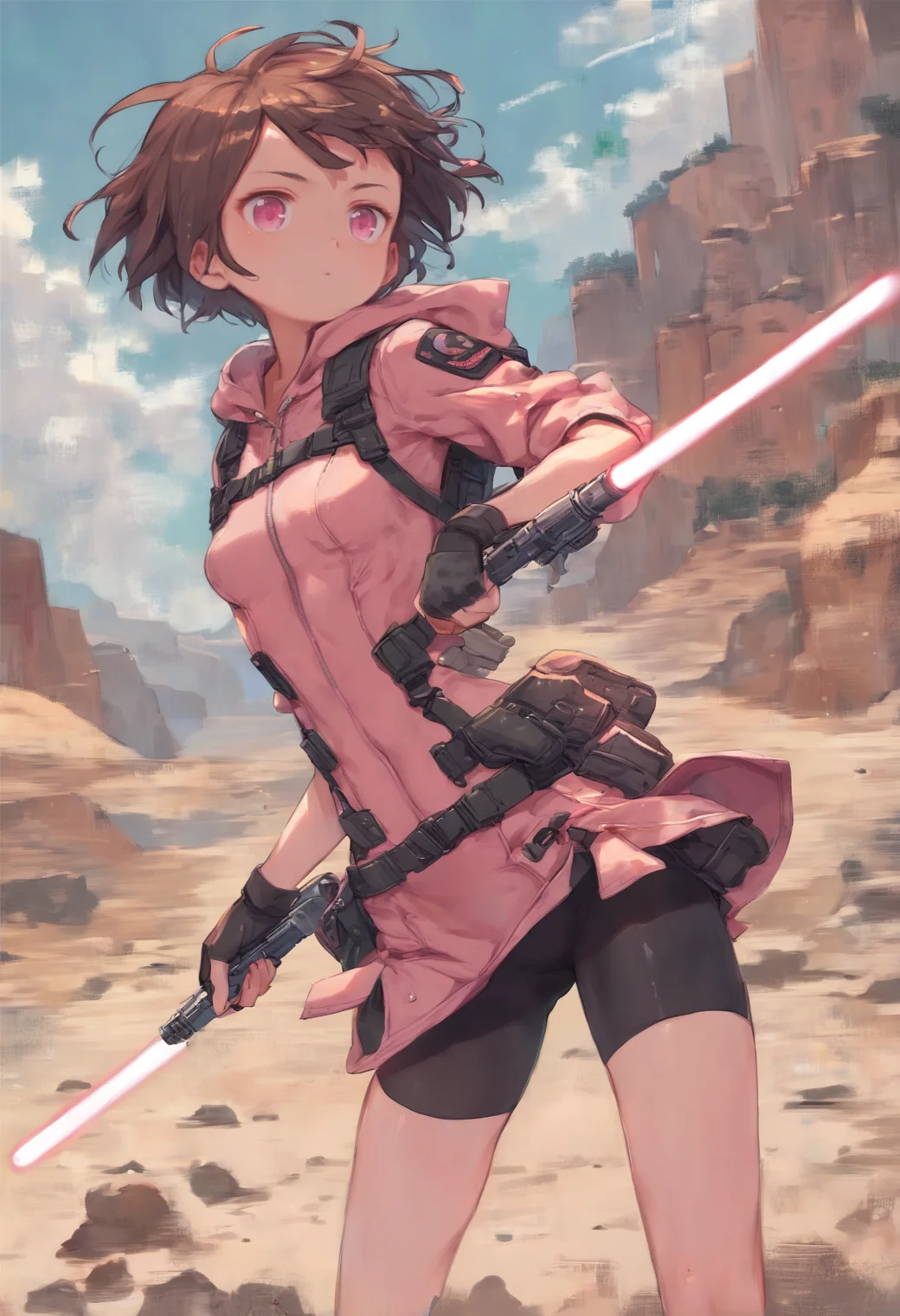 score_9, score_8_up, score_7_up, score_6_up, score_5_up, score_4_up, source_anime,1girl BREAK, solo, brown hair, short hair, pink eyes, pink bodysuit, bike shorts, hip vents, tactical clothes, lightsaber, outdoors, desert <lora:Kuroboshi pony sdxl_lora:1.25>
