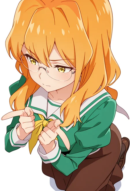 masterpiece,high quality details,absurdres,
<lora:Chibana_Sumika:0.8>
sumika_cnr, 1girl, orange hair, long hair,blonde hair, yellow eyes,
sumika_s1,green shirt, white sailor collar, serafuku,long skirt, brown skirt, juliet sleeves,pantyhose, loafers, glasses,, simple background, white background, from above,solo,, =v=,