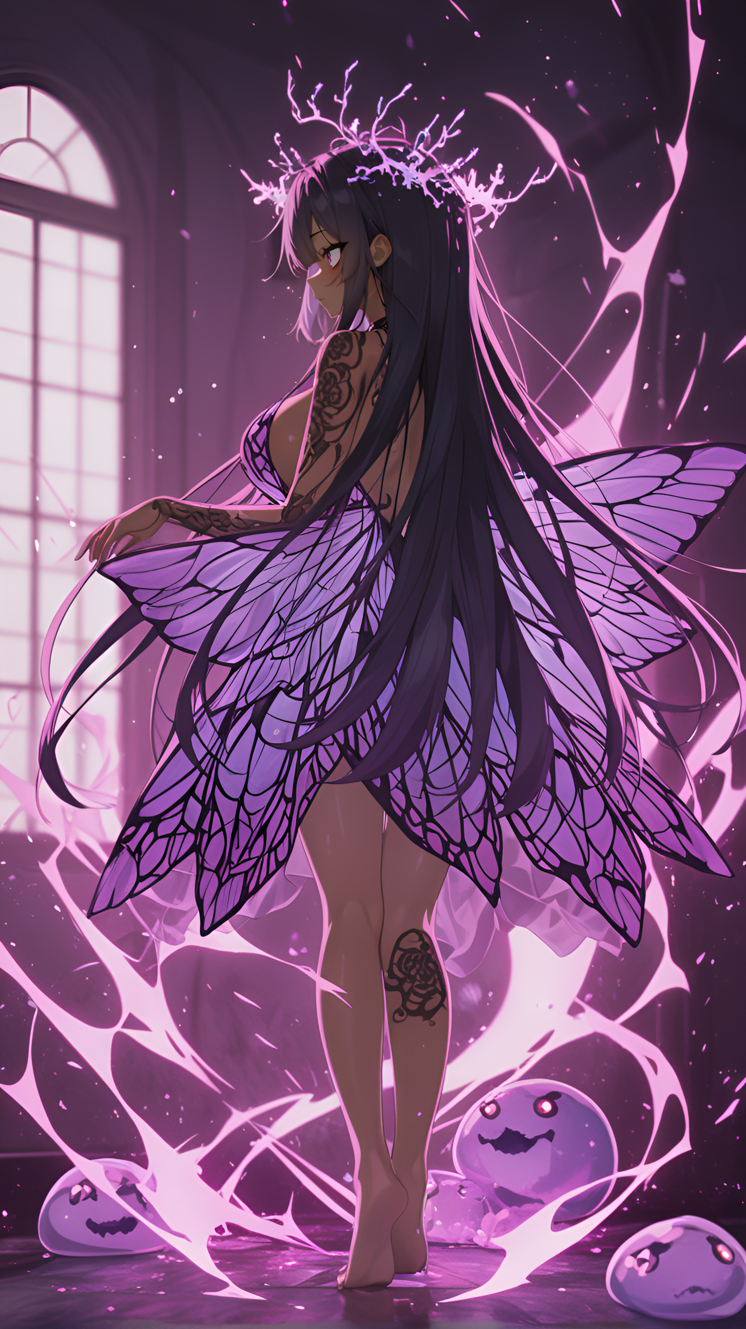 Elegantly disheveled, 1girl, slime_(creature), motion_lines:1.1, and a floral crown., Noon, warm light, 1boy, Eldritch Horror, Walking pose, RTX, ambient occlusion, very aesthetic, best quality, long hair, amazing quality, nail_polish, Sheer fairy dress with moth wings, Jet black hair, ultra-detailed, depth of field, Interior of a volcanic caldera used as a prison., Purple Theme, spring, barefoot, absolutely eye-catching, blurry background, anime character, Back view, dark skin, 8K, magic glowing aura, long_nails, Mitsuko Kongou (A Certain Scientific Railgun), no bra, tilt-shift photography, moderate tattoos, demon_girl, newest, motion_blur:1.1, absurdres, large breasts, masterpiece