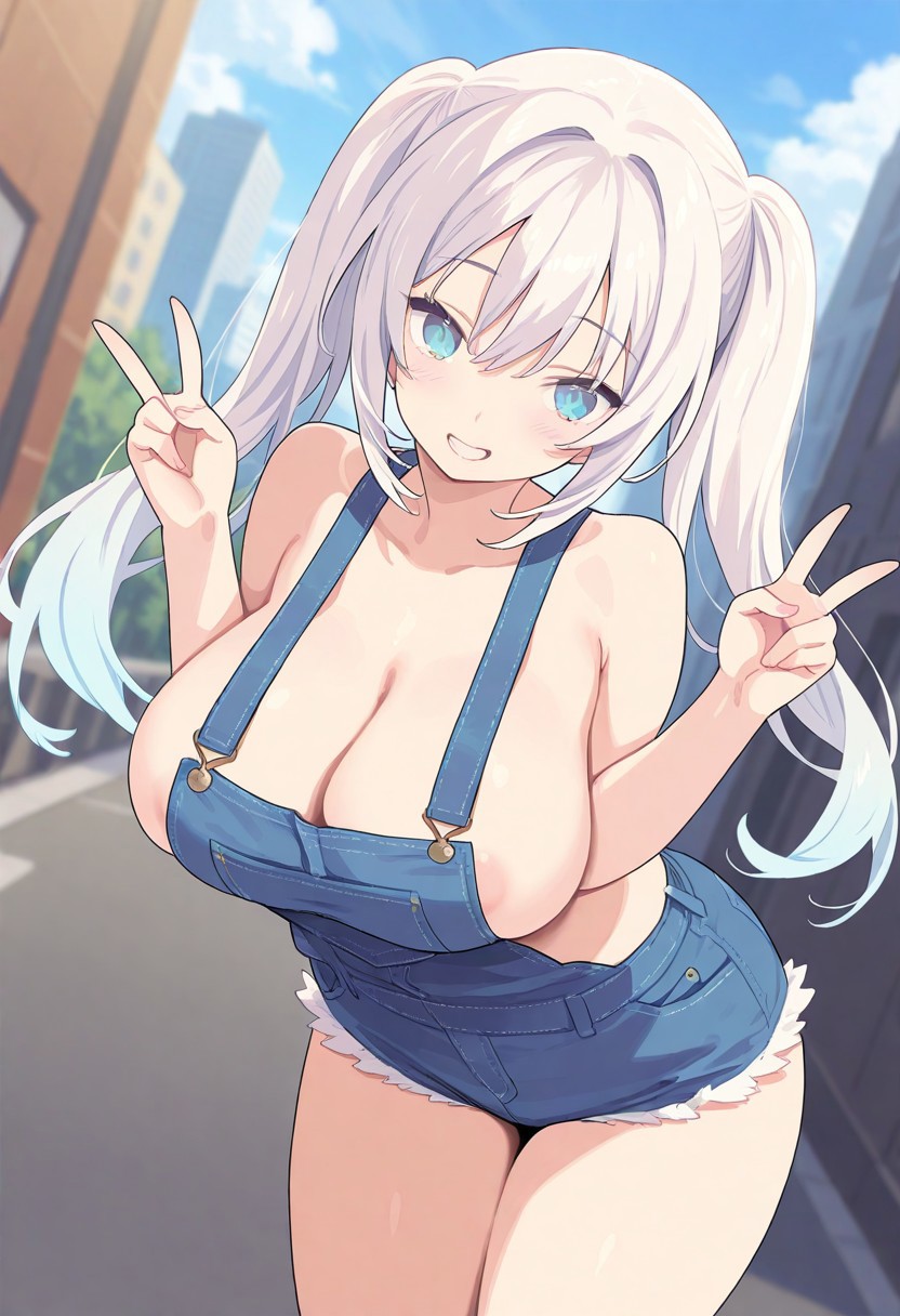 1girl, solo, female, large breasts, round face, huge breasts, plump body, white hair, long hair, twintails, blue eyes, smile, teeth, double V, BREAK blue overall, clavage, sideboob, areola slip, BREAK city, outdoors, colorful, leaning to viewer, artistic shot, angle view, BREAK  ((ultra-detailed)), ((best quality)), ((beautiful eyes)), ((extremely detailed)), 4K, (8K), best quality, (beautiful), Master piece, highres, best quality, official art, highres, masterpiece, detailed background, high quality background,