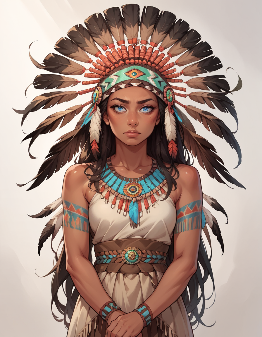 score_9, score_8_up, score_7_up, score_6_up, score_5_up, score_4_up, 1girl, long hair, blue eyes, native american, dark skin, dress, hud_n_a_hddrss, headdress, feathers, headband, <lora:hud_n_a_hddrss_XLP:0.8>