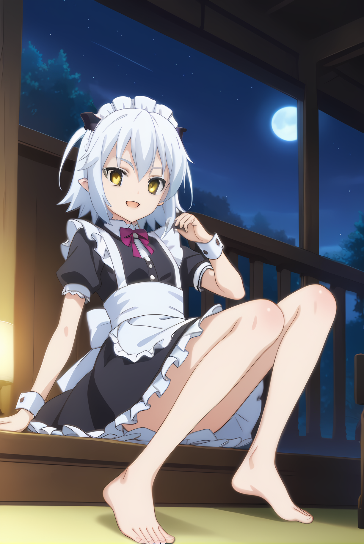 (maid), mt-shiroyasha, white hair, yellow eyes, short horns, 1girl, solo, skinny, feet, (score_9, score_8, score_7), source_anime, happy, (night sky), (1.3::full body|sitting|standing|lying|0.6::close-up| :1.20), <lora:mt-shiroyasha-V01-000003:0.80>