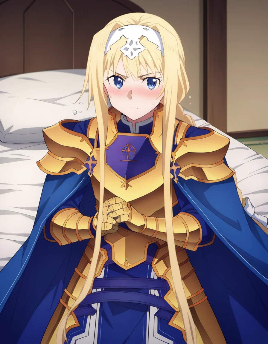 score_9, score_8_up, score_7_up, source_anime,
alicezuberg, <lora:alice-zuberg-s3-ponyxl-lora-nochekaiser:1>,
alice zuberg, bangs, blue eyes, blonde hair, hair between eyes, very long hair, braid, hairband, white hairband,
dress, cape, armor, blue dress, shoulder armor, gauntlets, pauldrons, breastplate, armored dress, faulds, blue cape, knight, gold armor, body armor,
indoors, bed, bed room, on side, blush, drunk,
solo, looking at viewer, cowboy shot, dutch angle,