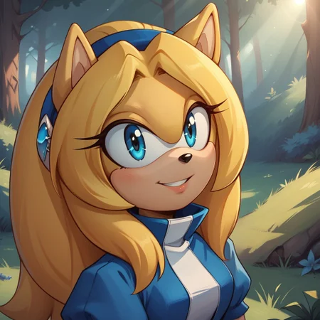 score_9, score_8, BREAK, maria_robotnik, sonic_(series), hedgehog_girl, blonde_hair, blue_hairband, blue_eyes, blue_dress, white_gloves, blue_footwear, sexy pose, self portrait, smile, outdoors, sunlight, shadows, evening lighting, natural lighting, forest, trees, grass, orange sky, sunset