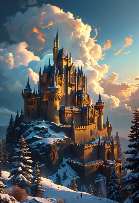 bright colorful, ultra fine detail, swirling clouds, Artstation trending, art nouveau, raytracing, highly detailed and intricate, golden ratio, dark gradient ink with intricate designs, hypermaximalist, luxury, elite, English castle, majestic, defended, snow, ephemeral, opalescenct, labradorite, cinematic, cgsociety : sunbleached, high definiton. mountain, night time, full moon