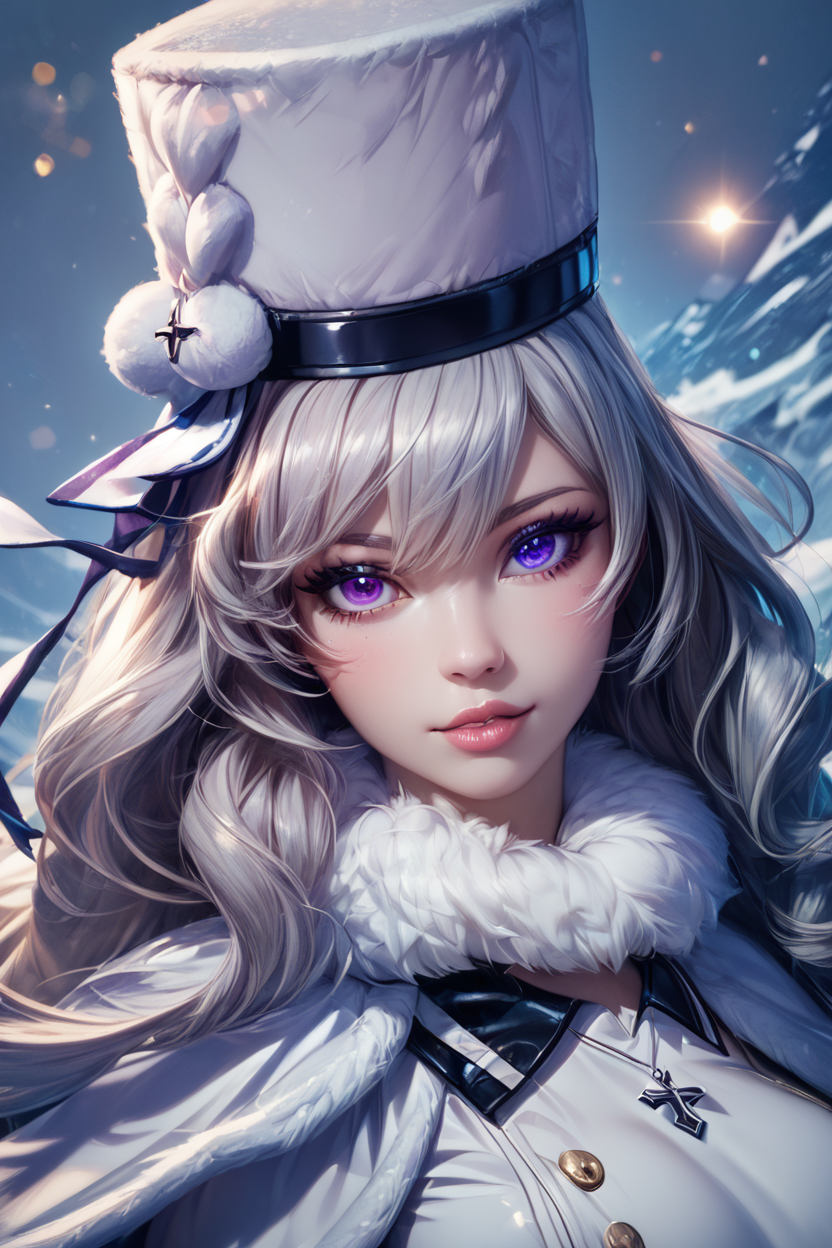 score_9, score_8_up, score_8, medium breasts, (curvy), cute, eyelashes,       ,,, , ,,, zzMurmansk, long hair, purple eyes, heterochromia, blue eyes, bangs, grey hair, hat, white headwear, cross necklace, fur-trimmed dress, white dress, papakha, black pantyhose, long sleeves, black belt, white coat, capelet, winter coat,  <lora:Murmansk_Azurlane_PDXL:1.0>,  ,,,, BREAK,  (ultra realistic,32k, masterpiece:1.2),(high detailed skin:1.1),( high quality:1.1), head tilt, lips, closed mouth, shiny clothes, (upper body), looking at viewer, bokeh, luminescent background, ,,, embedding:zPDXL, Expressiveh, ,,, <lora:RlAnmPDXL:1.0>,