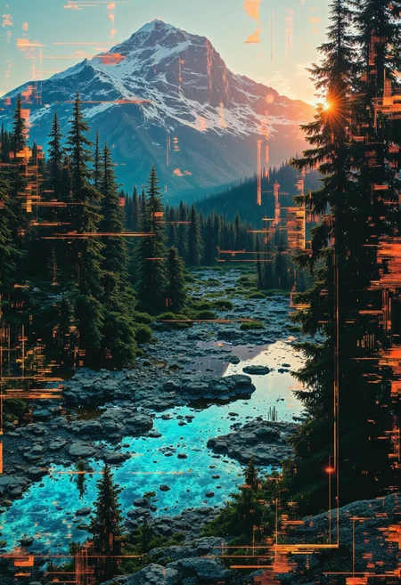 Create a highly detailed,high-resolution image of an ethereal hologram projecting an idyllic scene - a lush forest with towering trees surrounding a crystal clear lake that is fed from a tranquil river.. In the distance,majestic snow-capped mountains rise majestically against a warm sunset sky.,
Glitches where the hologram is failing are showing the circuits behind the image,fragments of neon blue and green circuitry and pulsing blue energy lines reveal themselves. These technological anomalies add an intriguing layer of depth and complexity to the otherwise breathtaking natural scenery.,<lora:flux.1_lora_flyway_Epic-detail_v2:0.8>,<lora:Glitchcore_Flux:1.4>,gl1tchc0re,glitch,glitched,glitched graphic,abstract glitch,glitch texture,<lora:bo-digitalabstract:1.2>,bo-digitalabstract,