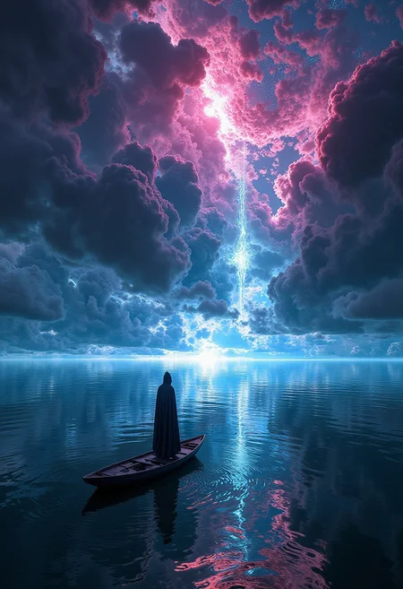 A surreal, glitched fantasy landscape featuring a vast, endless ocean with distorted digital waves. In the middle of this surreal expanse floats a small boat, carrying a sole, cloaked figure. The man’s cloak flickers with fragmented, pixelated edges. The ocean ripples with digital static, glitching between smooth waves and sharp, geometric distortions. Above the water, the sky glitches out into jagged, corrupted clouds that flash between vibrant neon colors and pixelated voids. The grand, ethereal nature of the scene is interrupted by digital noise, corrupted light effects, giving the scene a haunting, otherworldly atmosphere. The landscape warps and distorts, defying the natural order, with jagged bursts of neon color and patches of black void interspersed throughout, creating a dreamlike, glitched-out reality.